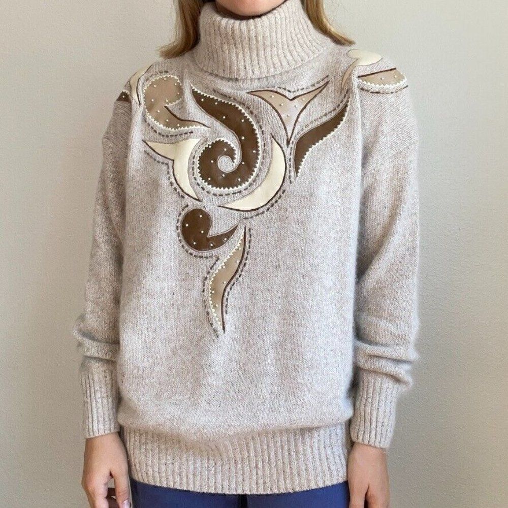 Vintage 80s Womens IB Diffusion Angora Silk Blend Geometric Beige Sweater Sz 2X